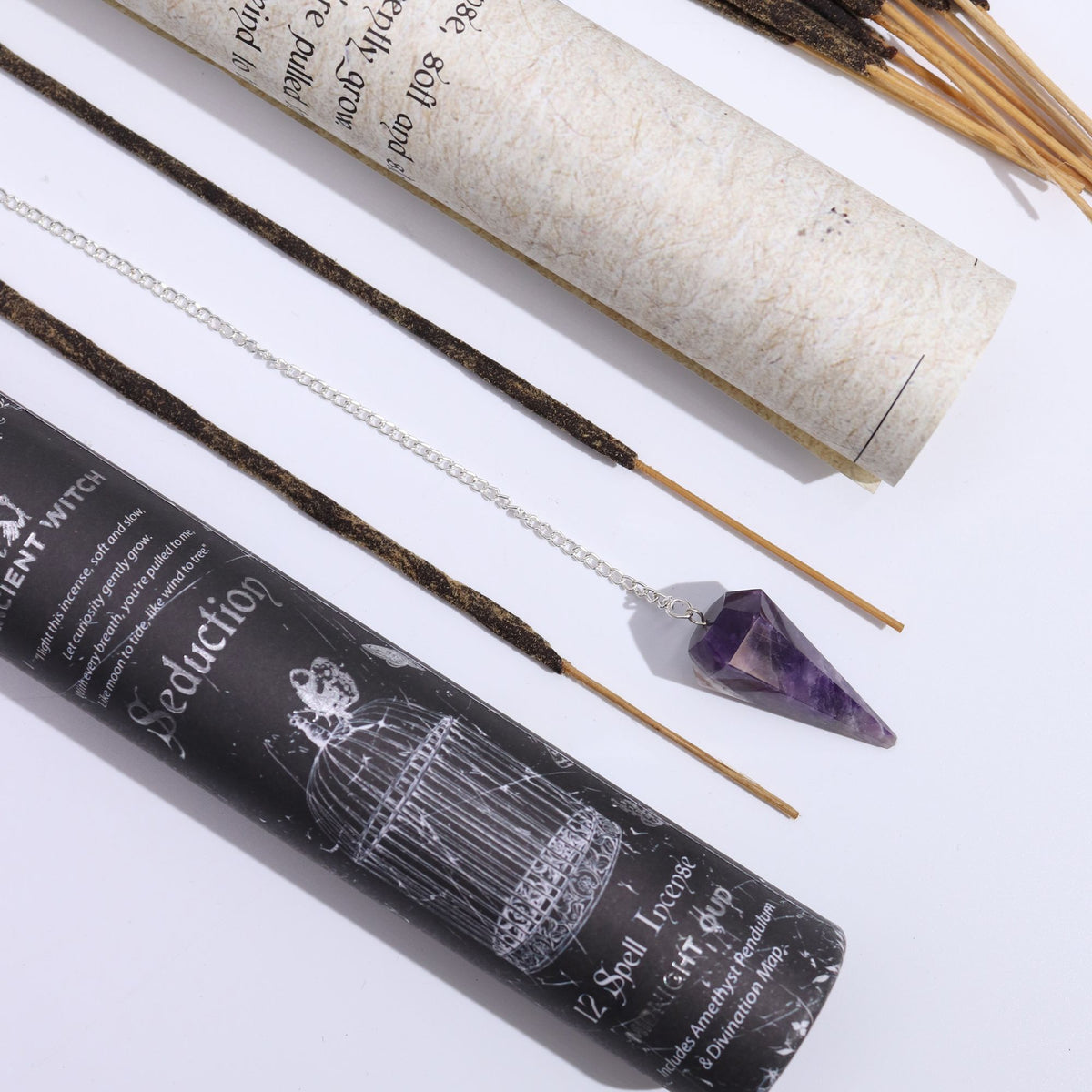 Seduction witch spell incense with amethyst pendulum – attraction and sensual energy ritual