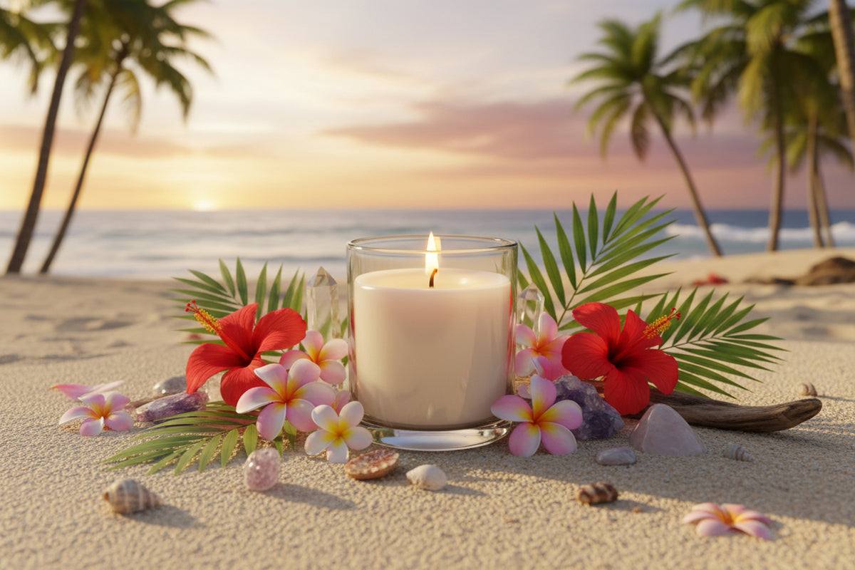 White,  warm candle on a beach with palm trees, flowers, shells, sea and a sunset — relaxing spiritual décor from CardsAmoreStore.